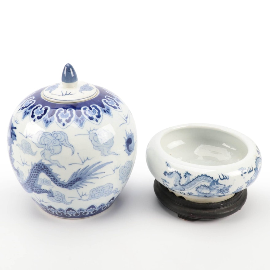 Chinese Porcelain Blue and White Melon Jar and Low Bowl