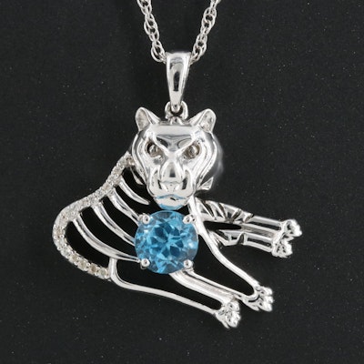 Sterling Swiss Blue Topaz Cat Pendant Necklace