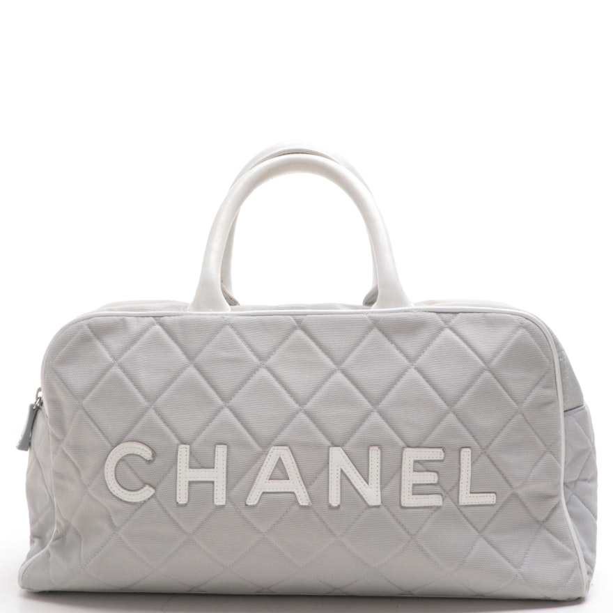 Chanel Logo Bowler Bag in Quilted Canvas and Leather