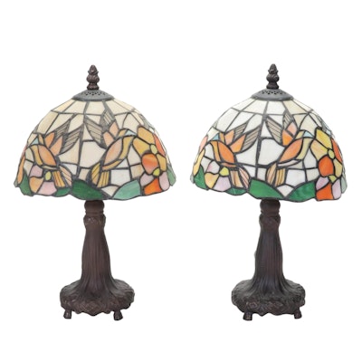Pair of Hummingbird and Flowers Slag Glass and Metal Boudoir Lamps
