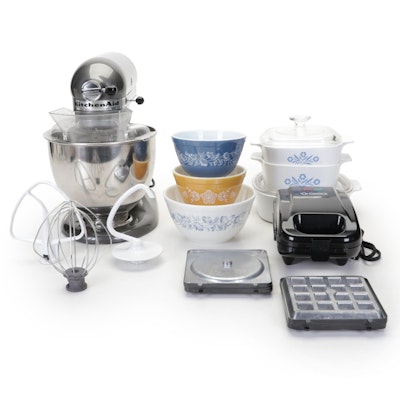 KitchenAid Mixer with Other Waffle Iron and Pyrex Mixing Bowls and Casseroles