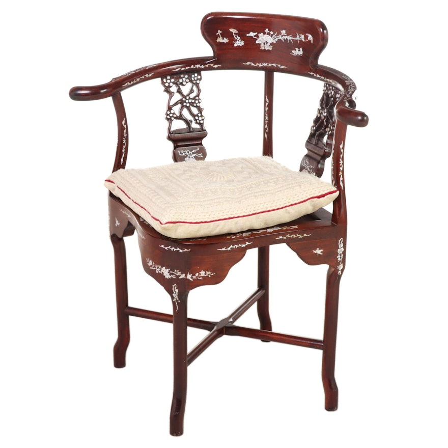 Chinese Carved Hardwood and Mother-of-Pearl Inlaid Corner Armchair
