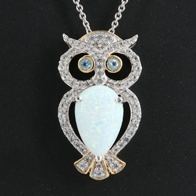 Sterling Opal, Topaz and Sapphire Owl Pendant Necklace
