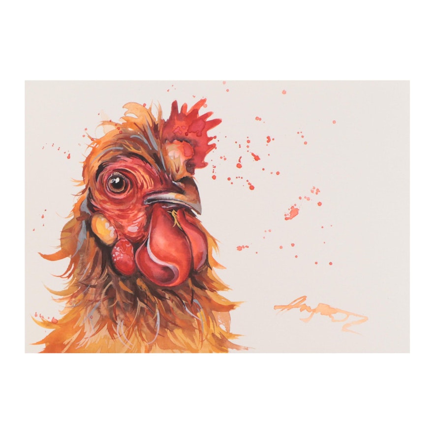 Anne Gorywine Watercolor Painting of Rooster, 21st Century