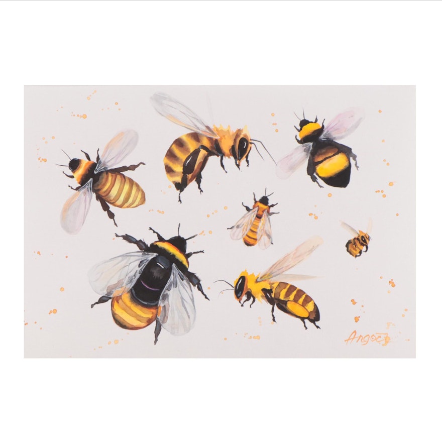 Anne Gorywine Watercolor Painting of Bees, 21st Century