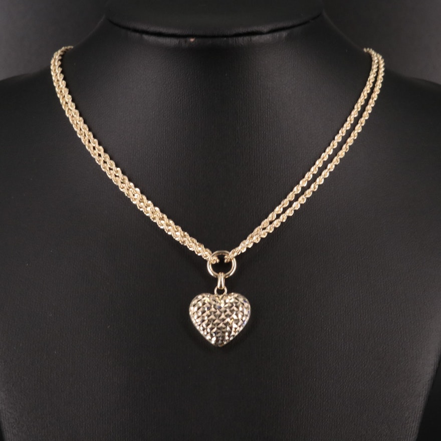 10K Double Chain Stamped Heart Pendant Necklace