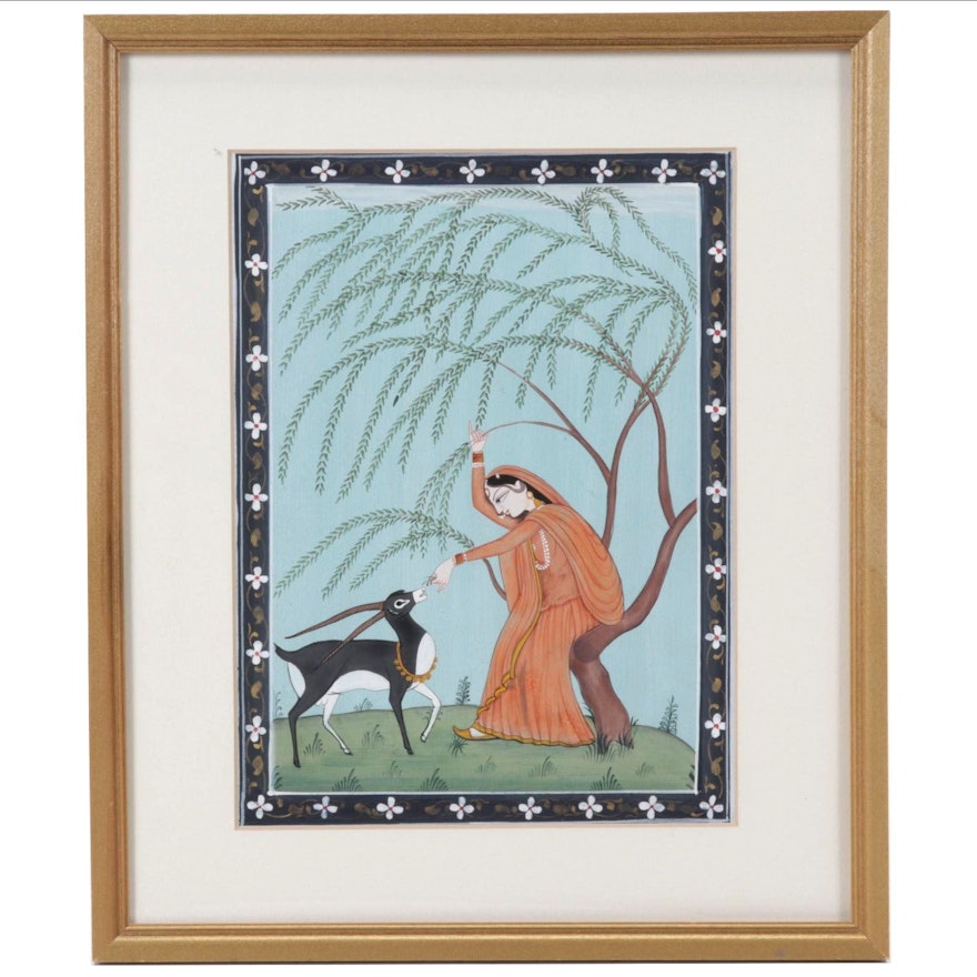 Persian Mughal Style Gouache Painting of Woman Feeding Blackbuck
