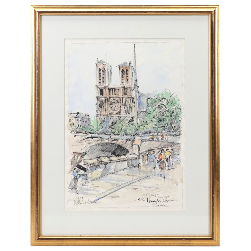 J. M. Lautrec Watercolor Painting "Notre Dame et Quai St. Michel, Paris"