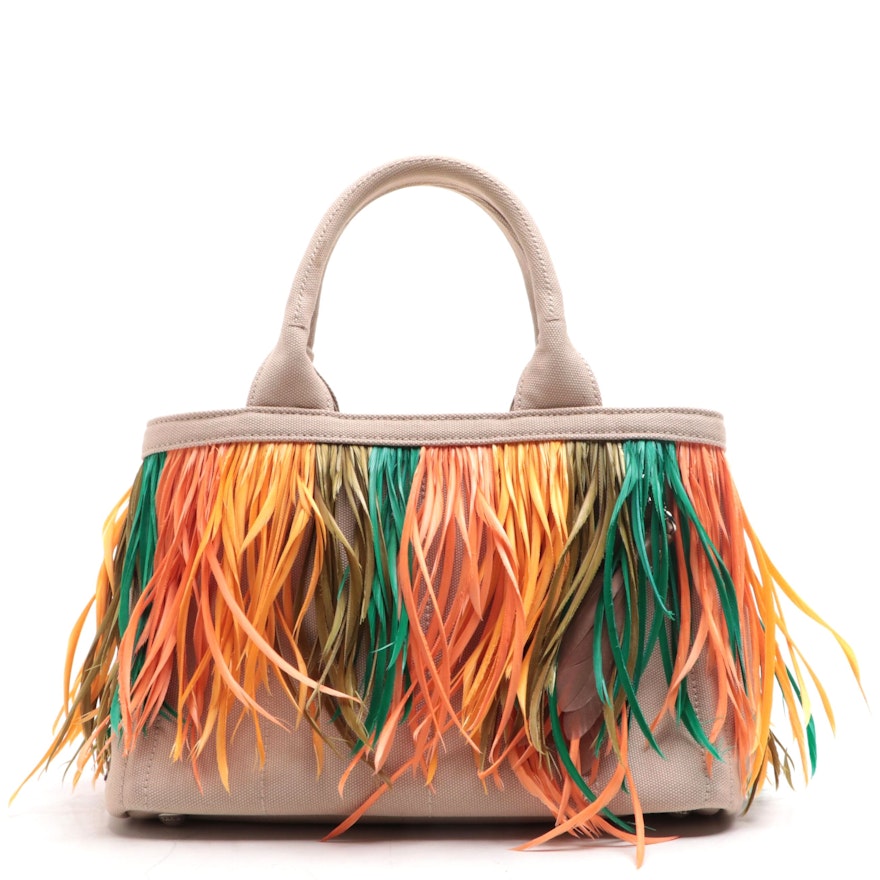 Prada Canapa Feather Fringe Canvas Two-Way Tote