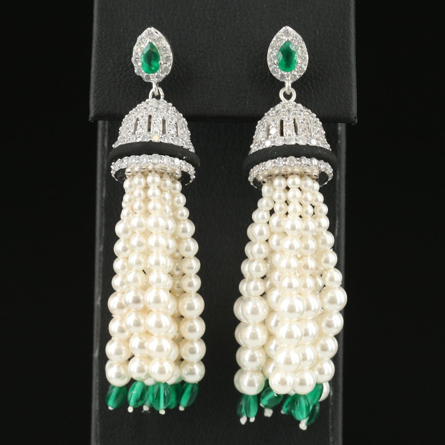 Sterling Emerald, Faux Pearl and Cubic Zirconia Tassel Earrings
