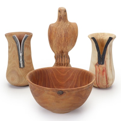 Carved Wooden Eagle Figurine with Turned Wood Vases and Bowls