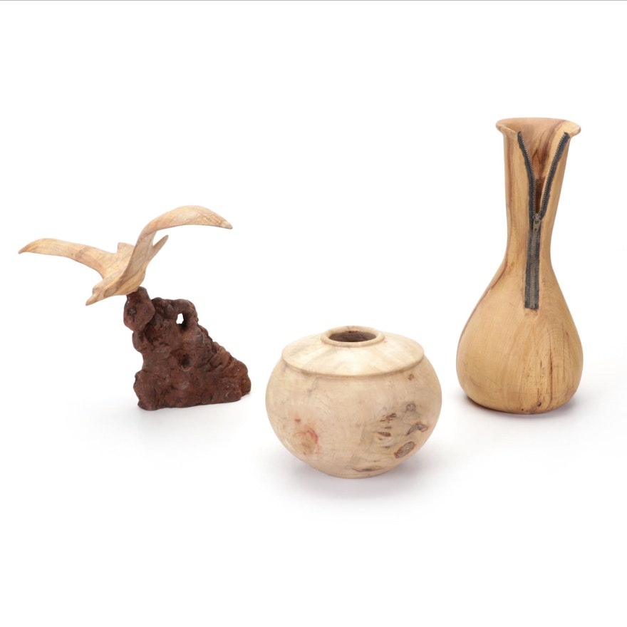 Jim Eliopulos Box Elder Turned Wood Zipper Vase with Other Jar and Figurine