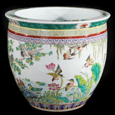 Chinese Famille Verte Birds and Flower Motif Porcelain Planter