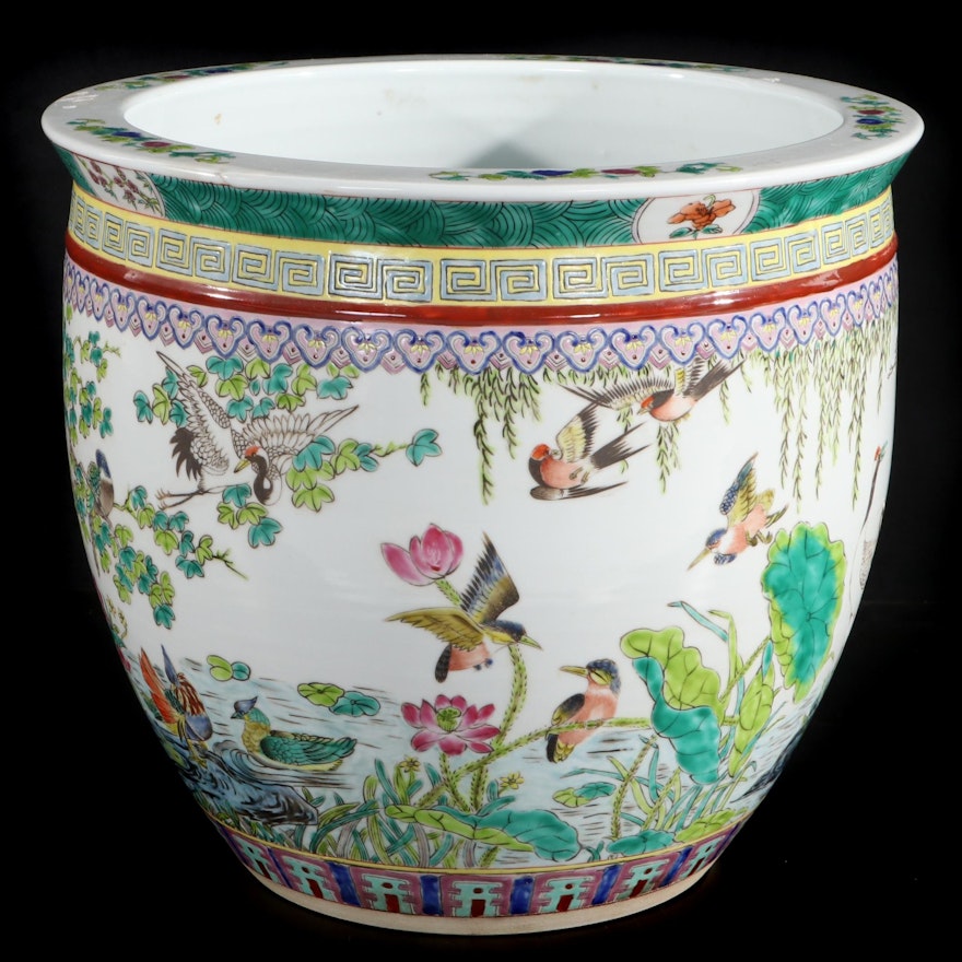 Chinese Famille Verte Birds and Flower Motif Porcelain Planter