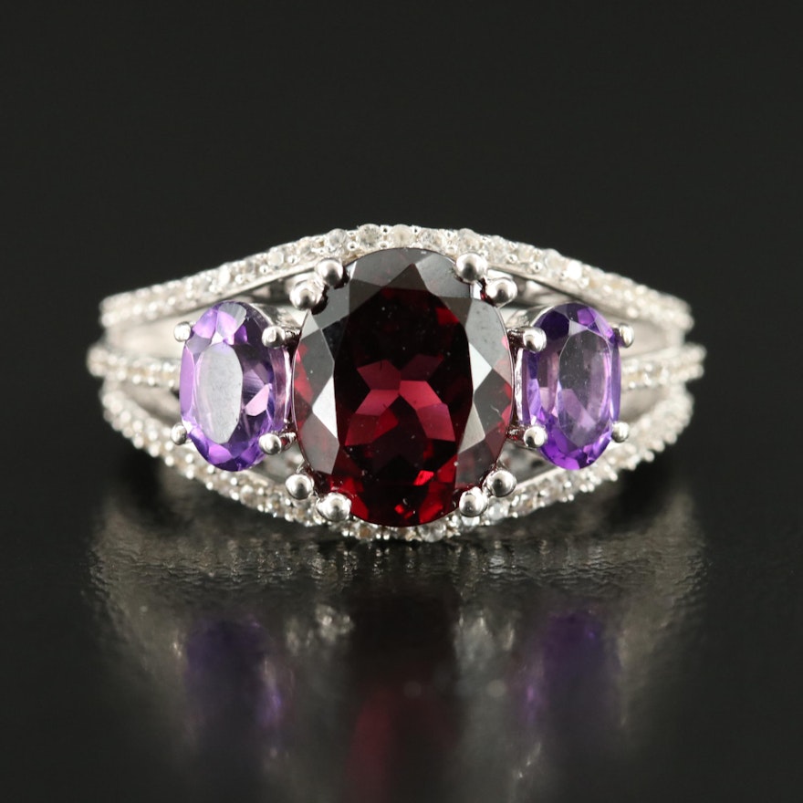 Sterling Garnet, Amethyst and White Sapphire Ring