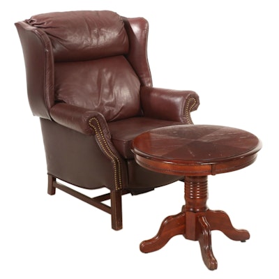 Faux Leather and Brass-Tacked Reclining Wingback Armchair with Side Table