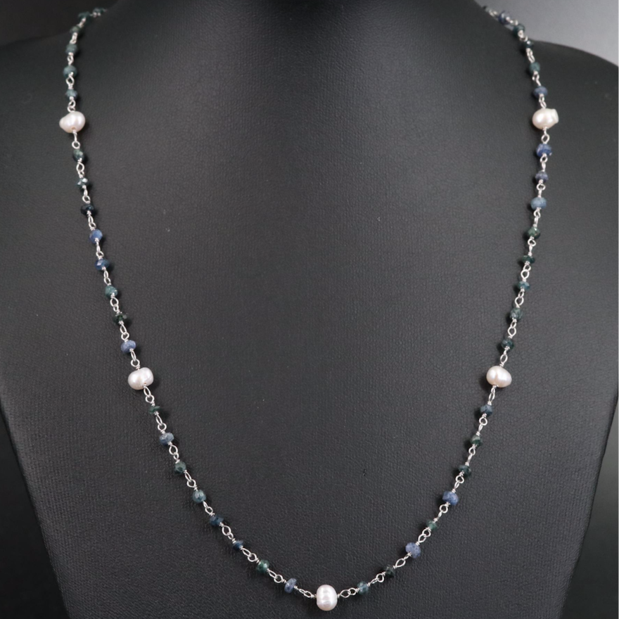 Sterling Cultured Pearl and Sapphire Beaded Necklace