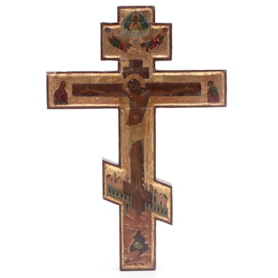 Eastern Orthodox Gilt and Tempera on Wood Crucifix