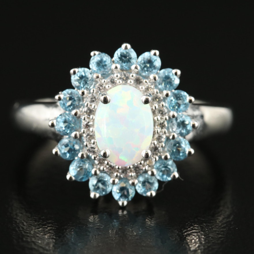 Sterling Opal, Topaz and Sapphire Ring