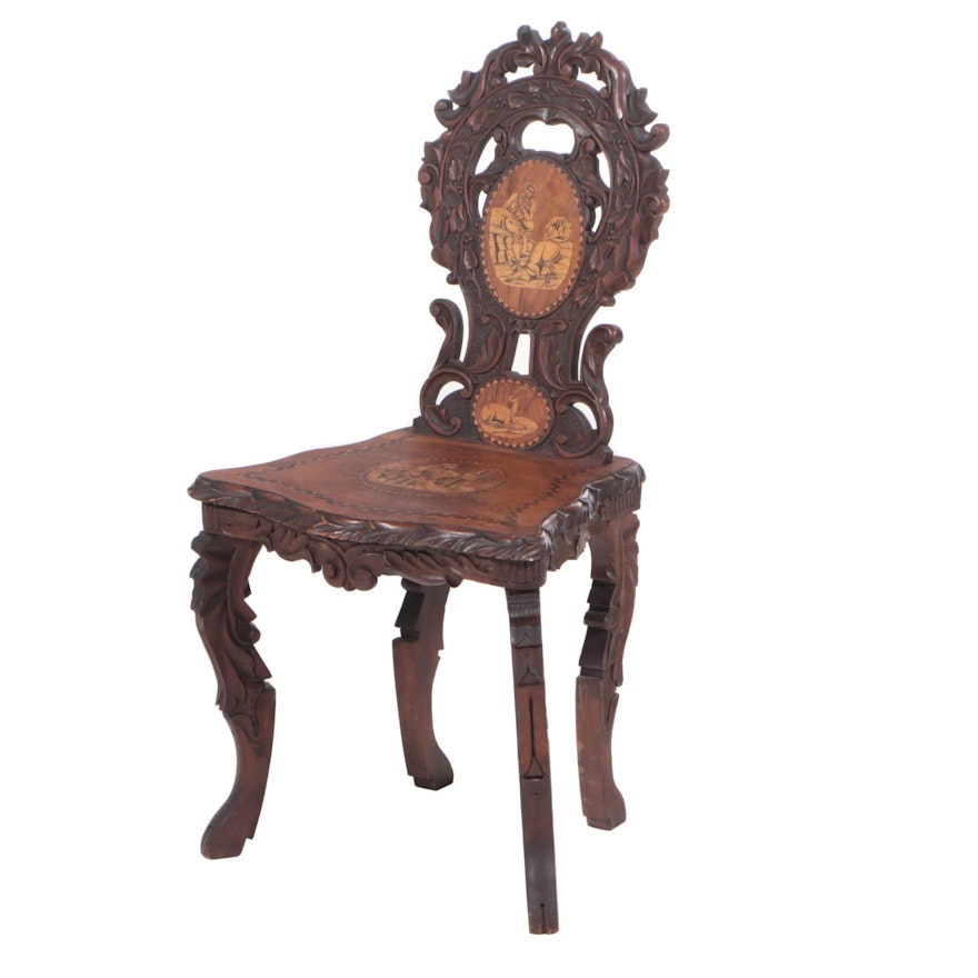 Black Forest Carved Walnut and Penwork Musical Hall Chair, Late 19th Century