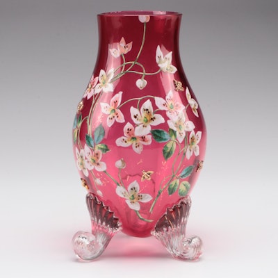 Moser Hand-Painted Cranberry Glass Scrolled Foot Vase, Late 19th/ Early 20th C.