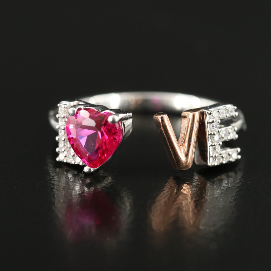 Sterling Ruby and Cubic Zirconia "Love" Open Ring
