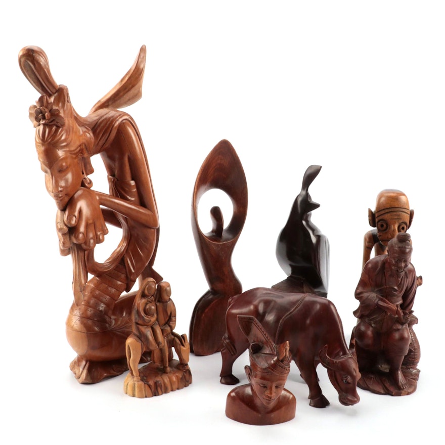 Asian, Israeli, African Hand-Carved Wood Figures Including Water Buffalo, Sage