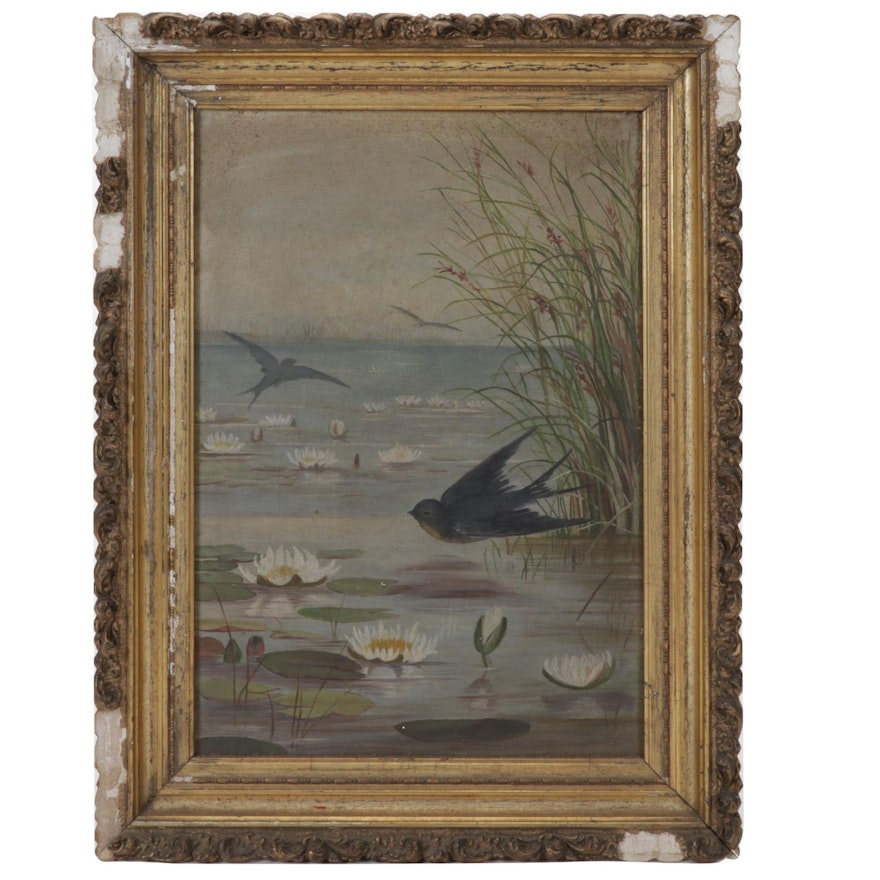 Oil Painting of Birds Gliding Over Water, Late 19th Century