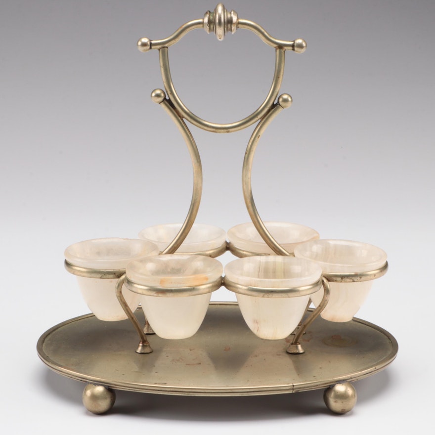 Karanti Silver Plate Stand with Carved Agate Cups, Late 19th Century