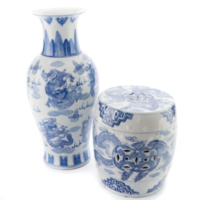 Chinese Blue and White Porcelain Dragon Motif Vase and Garden Stool