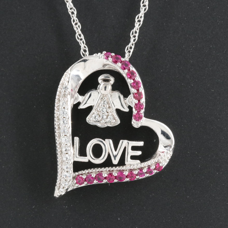 Sterling Ruby and Sapphire Angel "Love" Heart Tremble Pendant Necklace