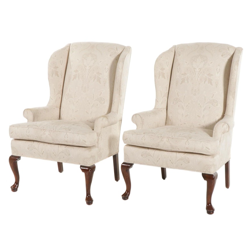 Pair of Queen Anne Style Upholstered Wingback Armchairs
