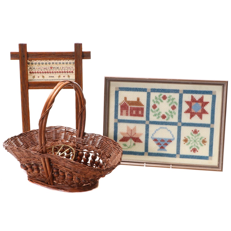 Hand-Crafted Rattan and Wood Bead Basket With Cross-Stitch Sampler, More
