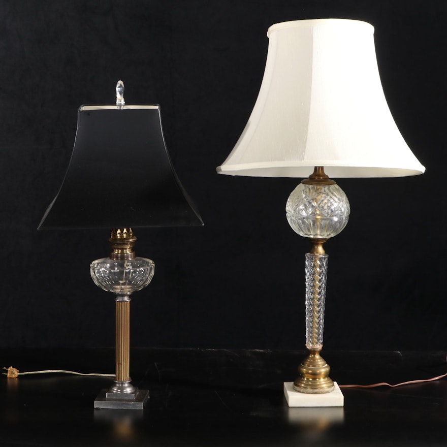 Columnated Brass and Glass Oil Buffet Style Table Lamps, Mid/ Late 20th Century