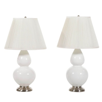White Glass Double Gourd Table Lamp Pair, Late 20th Century