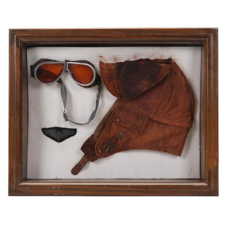 Aviator Goggles, Leather Cap, and Insignia in Frame, Circa 1930