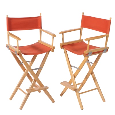 Pair of Hardwood and Canvas Folding Bar-Height Director's Stools