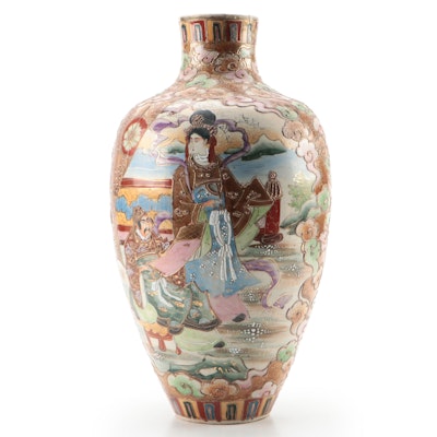 Japanese Satsuma Moriage Accented Earthenware Vase, Antique