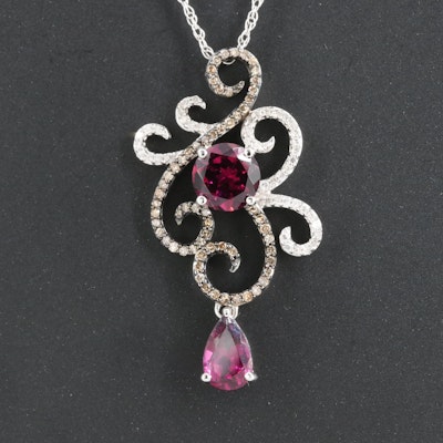 Sterling Diamond and Rhodolite Garnet Scrollwork Pendant Necklace