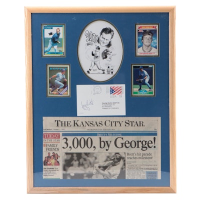 George Brett Signed Postcard with Baseball Cards and More, in a Matted Frame