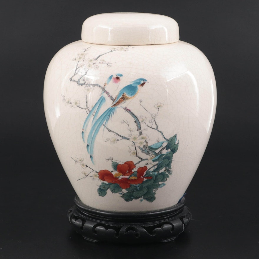 USA Pottery Transfer-Decorated Birds and Camellias Earthenware Ginger Jar