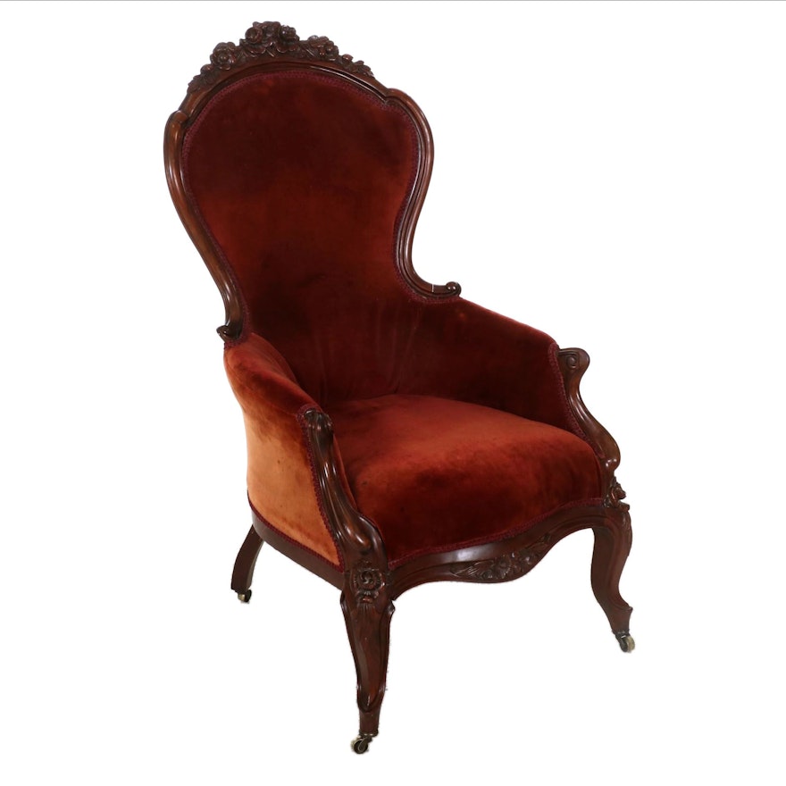 Victorian Rococo Revival Carved Walnut and Velvet-Upholstered Armchair