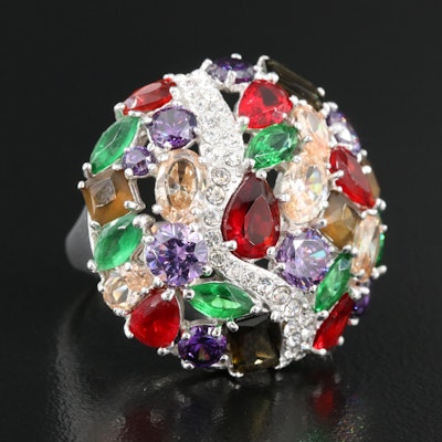 Sterling Cubic Zirconia, Rhinestone and Glass Bombé Ring