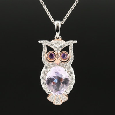 Sterling Amethyst and White Sapphire Owl Pendant Necklace