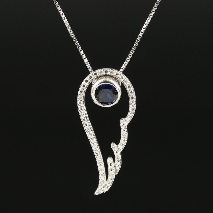 Sterling Sapphire and Cubic Zirconia Wing Pendant Necklace