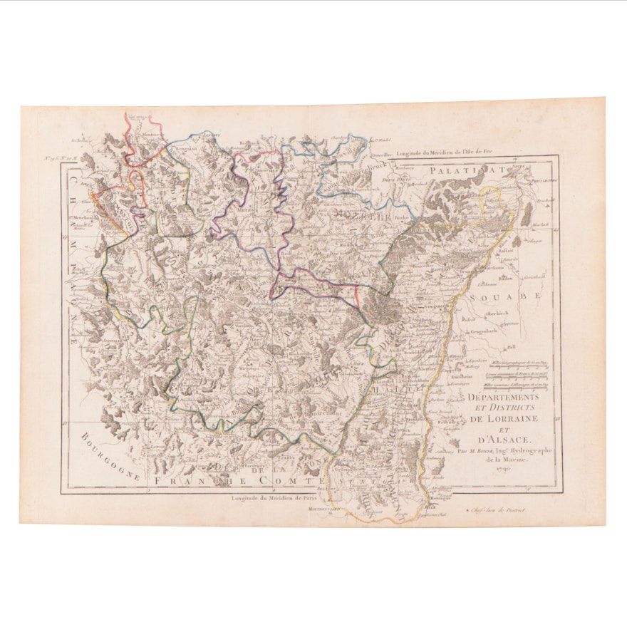 Rigobert Bonne Hand-Colored Map of Lorraine and Alsace, 1790