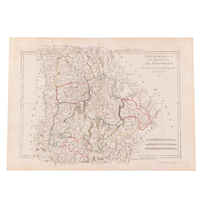 Rigobert Bonne Hand-Colored Map "Départements et Districts de Dauphné," 1790