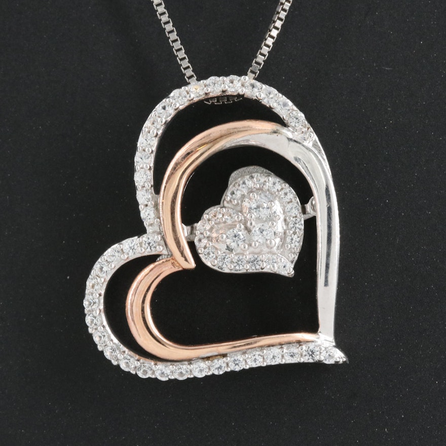 Sterling Sapphire Heart Tremble Necklace with 10K Rose Gold Accents
