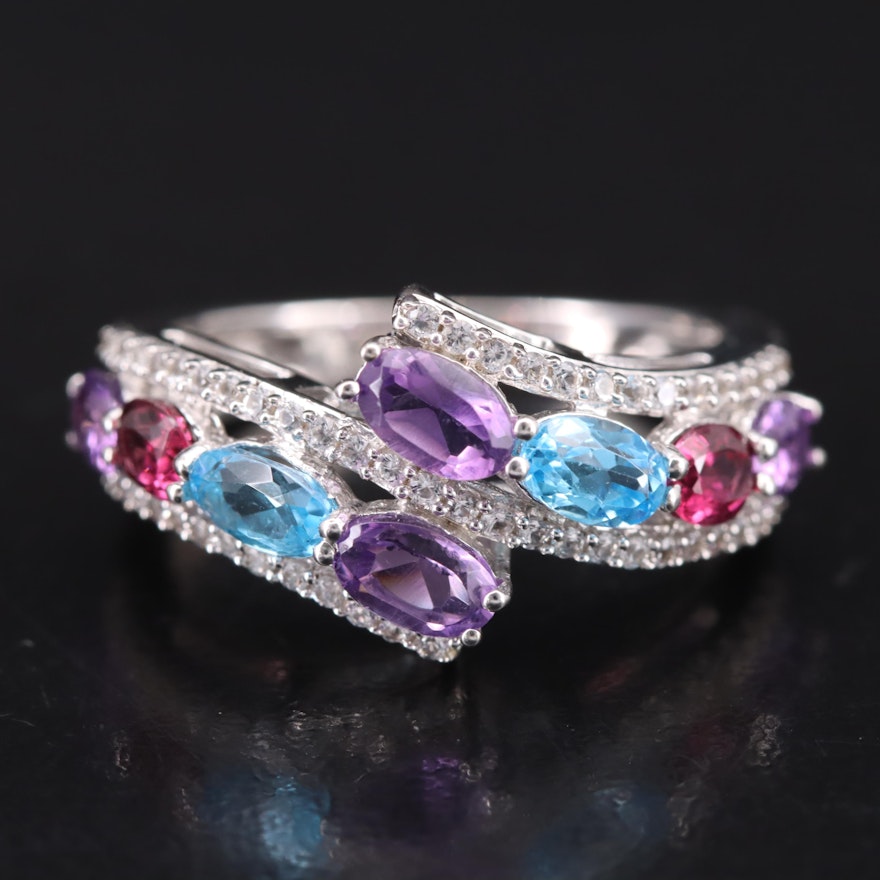 Sterling Amethyst, White Sapphire and Gemstone Bypass Ring
