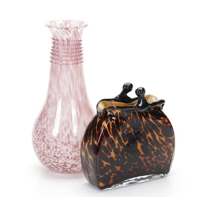 Murano Style Art Glass Tortoise Shell Purse and Speckled Vase